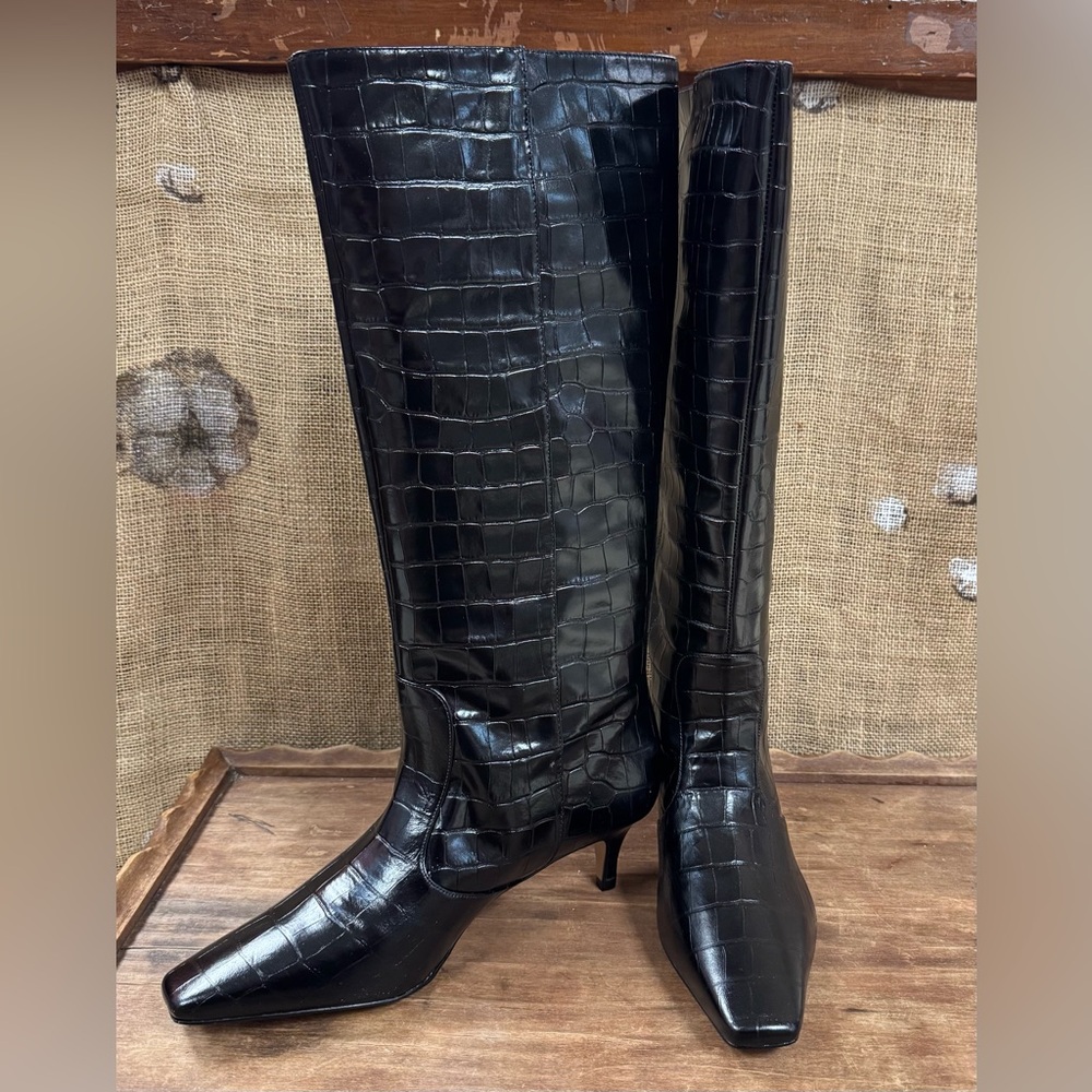 Black Croc-Embossed Leather Knee High Boots